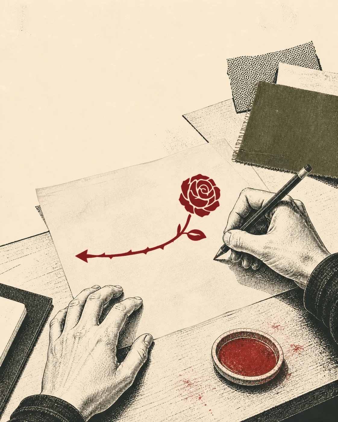 Ink illustration of hands drawing a thorned rose with a leftward arrow on cream paper at a worktable