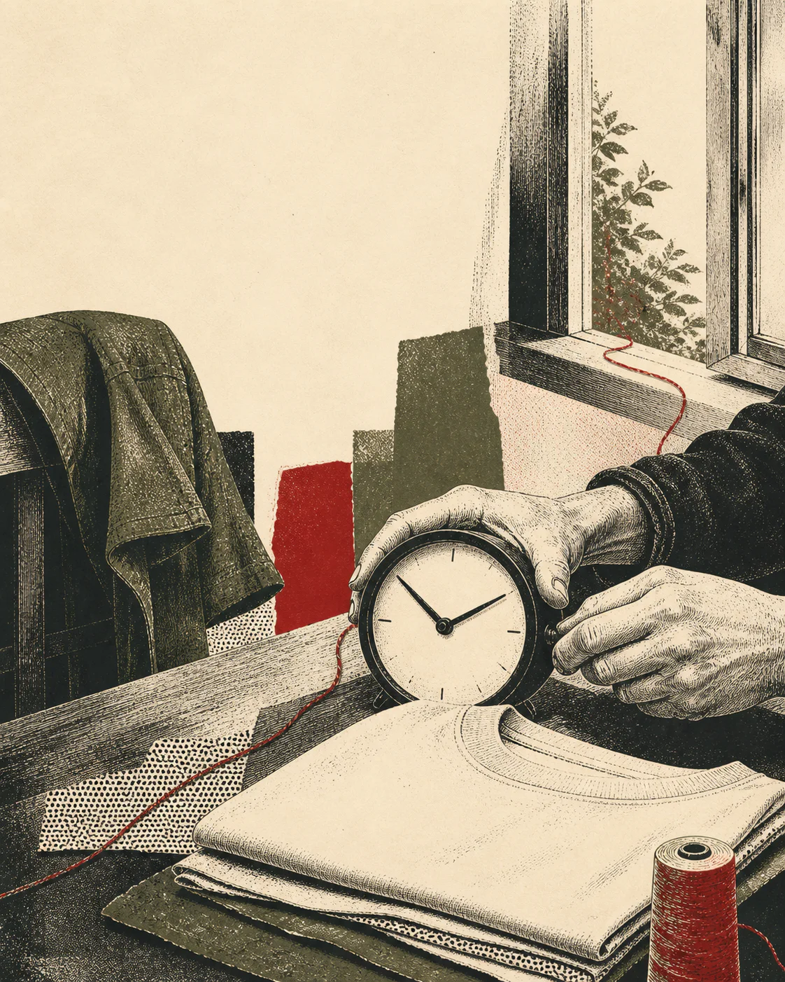 Ink illustration of hands setting a mechanical clock beside a folded cream shirt by a bright window