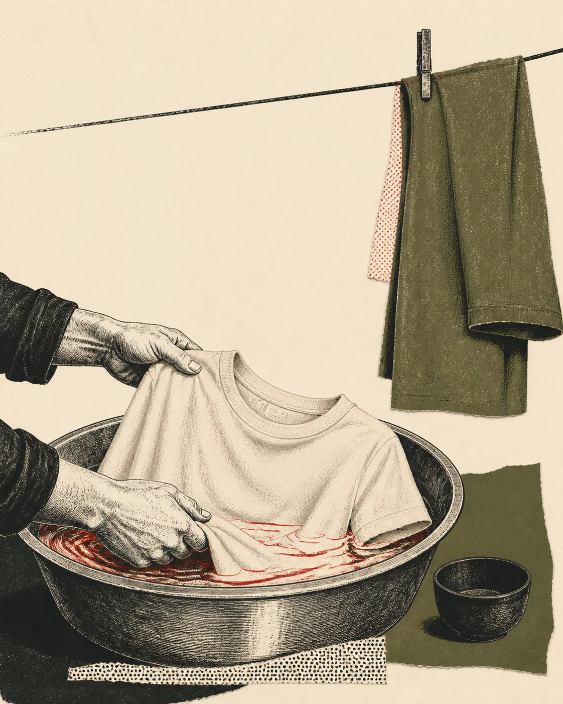 Screenprint collage of hands rinsing a cream tee in a metal basin with an olive garment hanging to dry