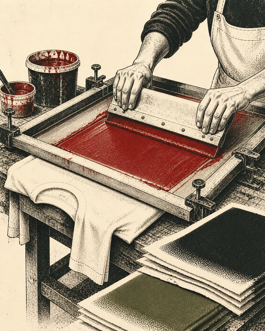 Ink illustration of a screen printer pulling deep rose ink across a mesh screen over cream fabric