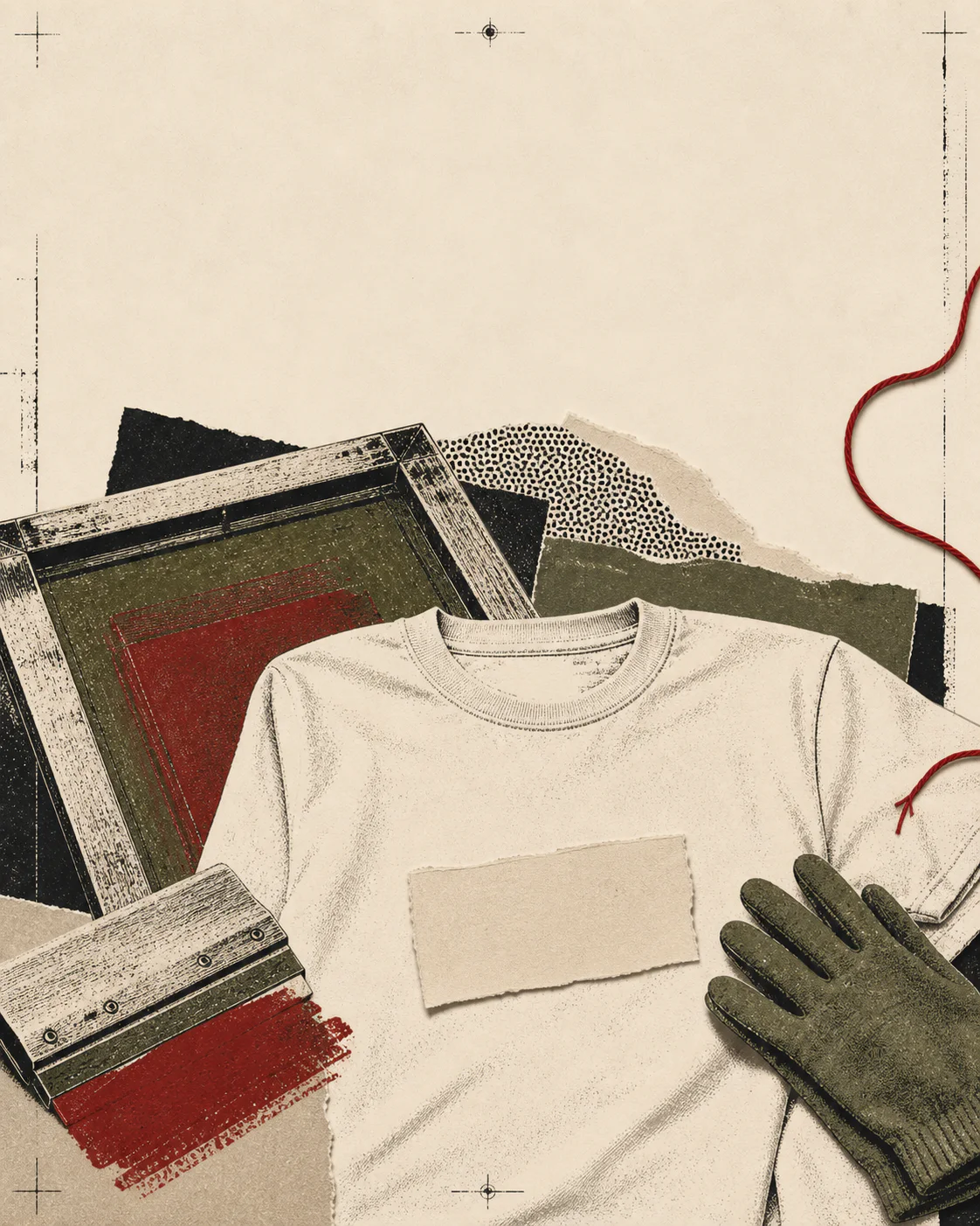 Screenprint collage of a union print shop workbench with a blank cream tee, screen, red squeegee stroke, and olive glove