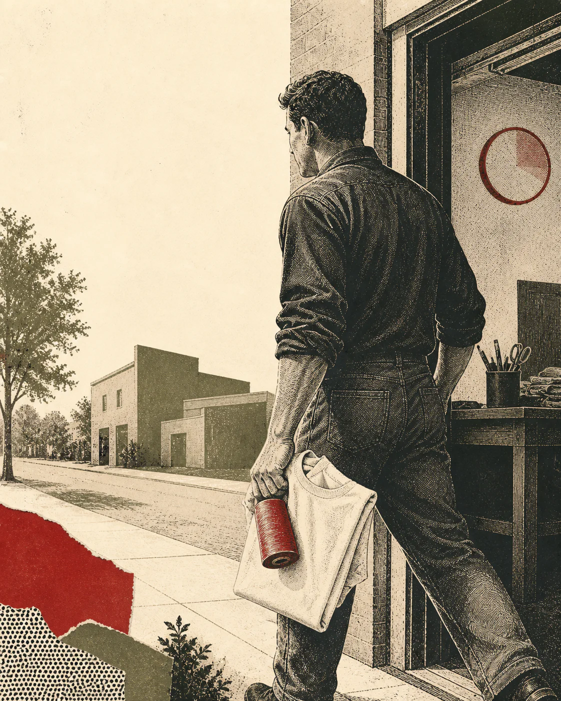 Ink illustration of a worker leaving a factory with a folded cream shirt and red thread spool on a bright morning