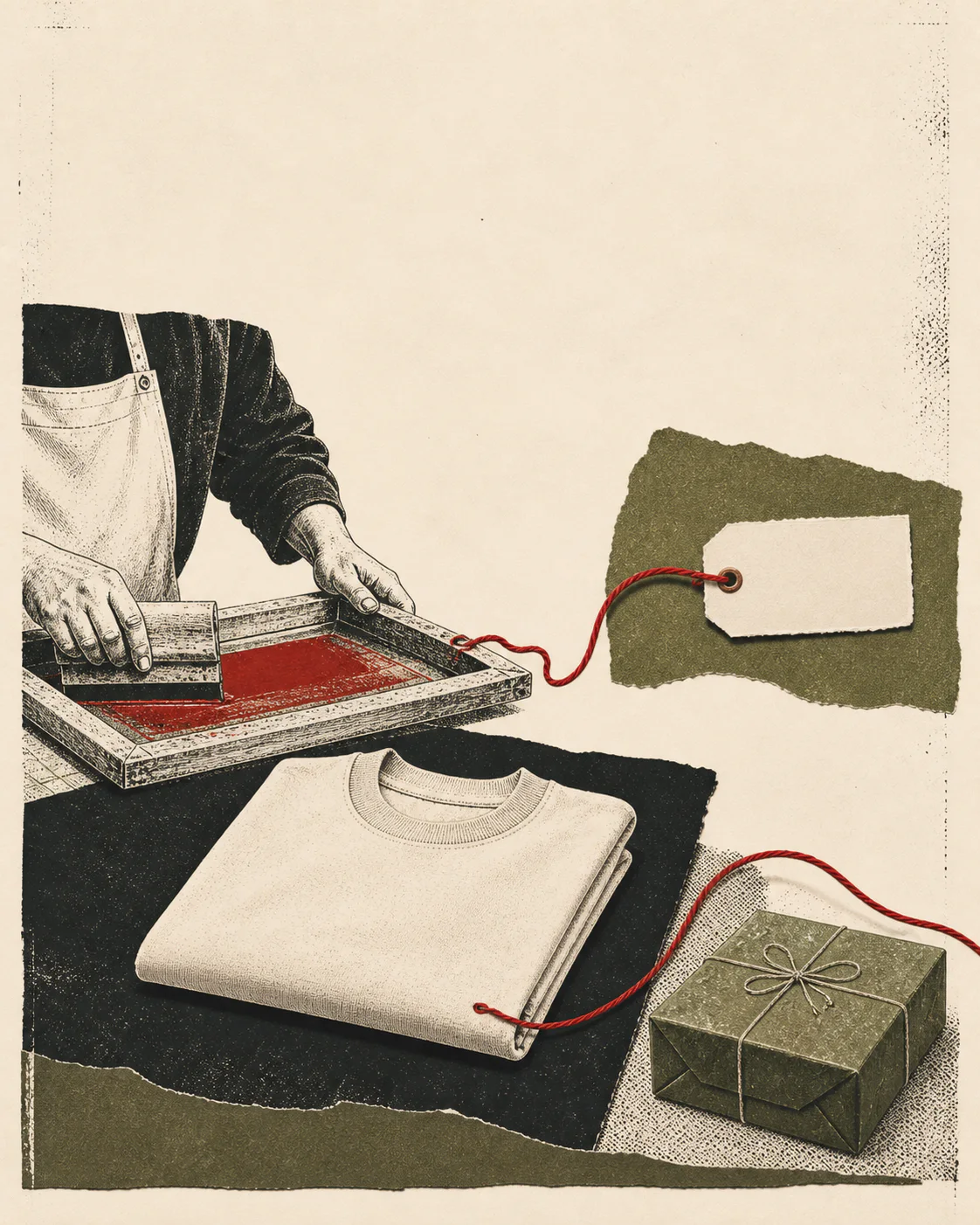 Screenprint collage of a cream tee moving from a print screen to a small olive parcel via red thread