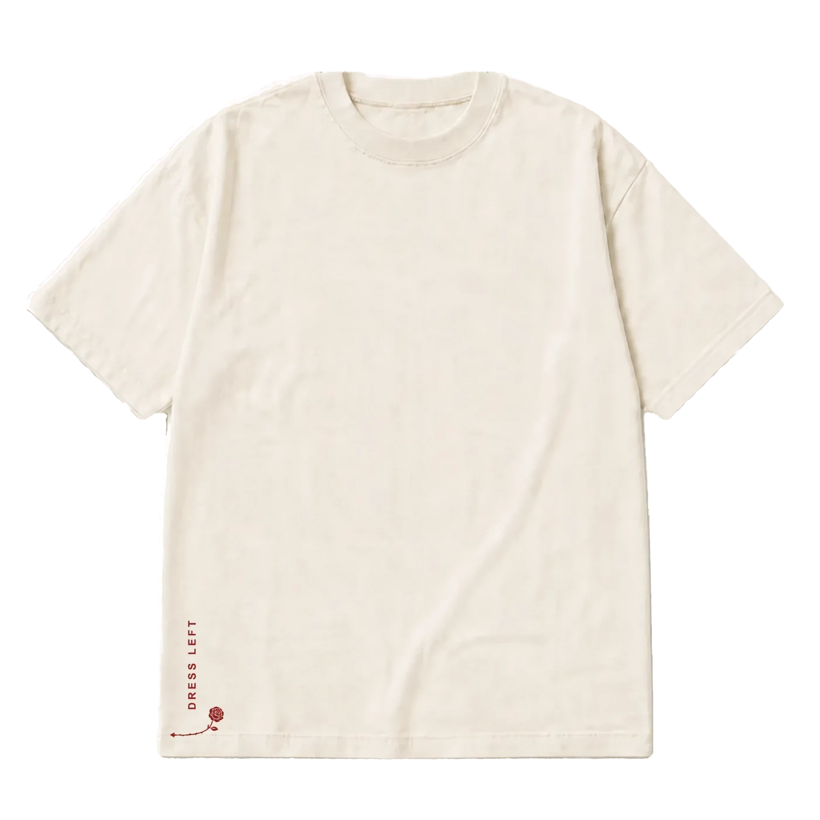 Front of a cream heavyweight tee with a small vertical DRESS LEFT detail and rose-arrow at the lower-left hem
