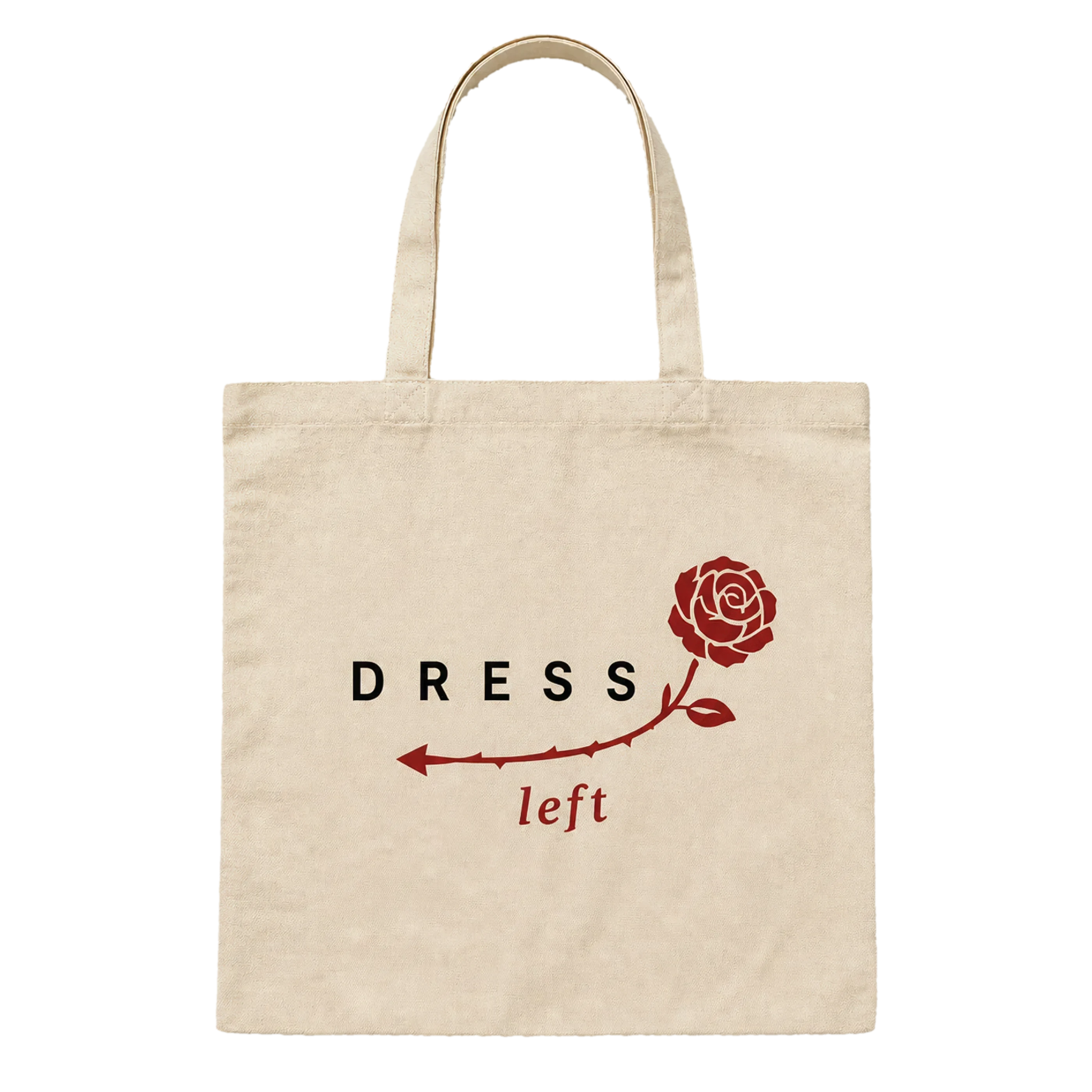Natural canvas tote bag with DRESS wordmark, left arrow and dark red rose printed on the front