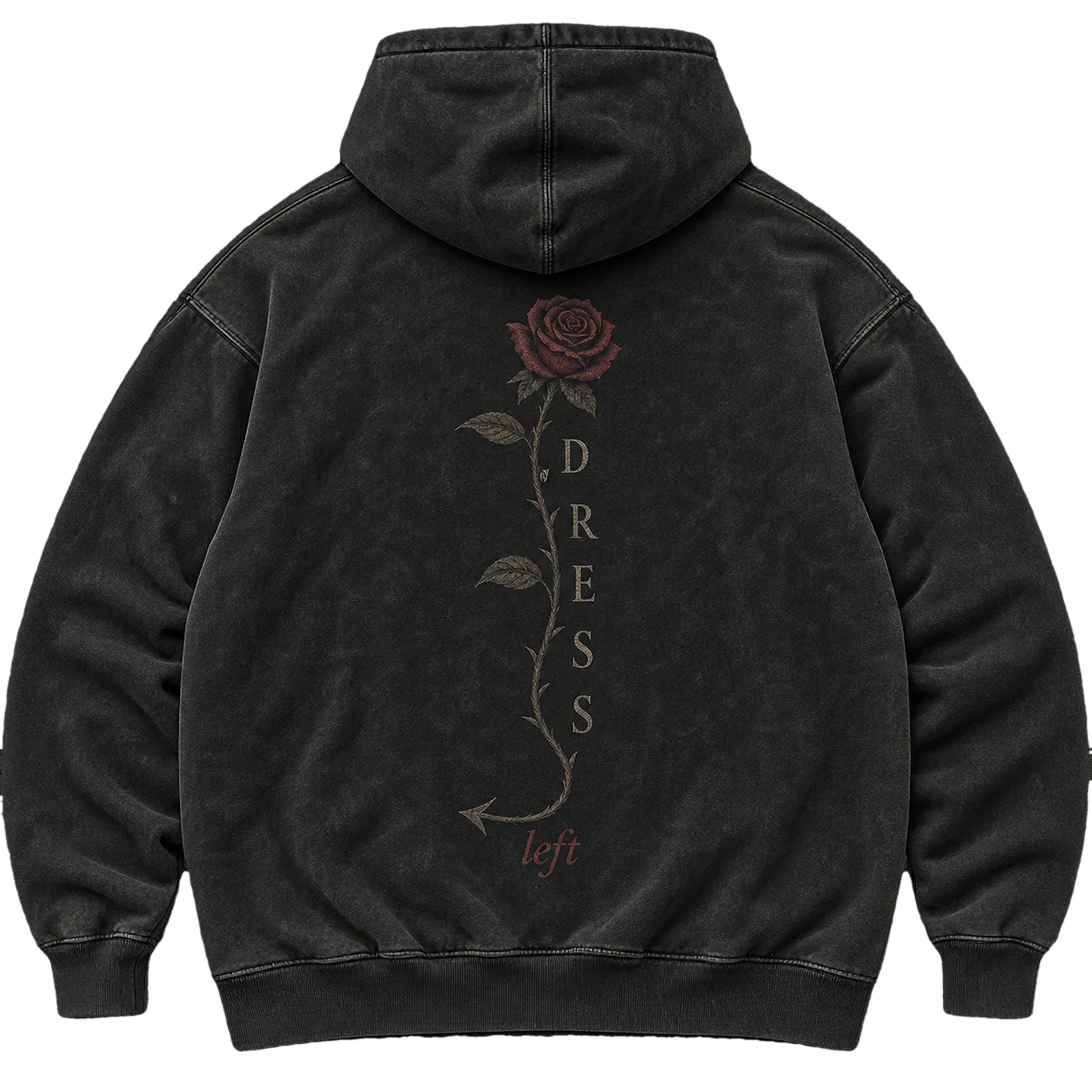Back of an ink heavyweight hoodie with a tall rose, vertical DRESS lettering, and left arrow graphic